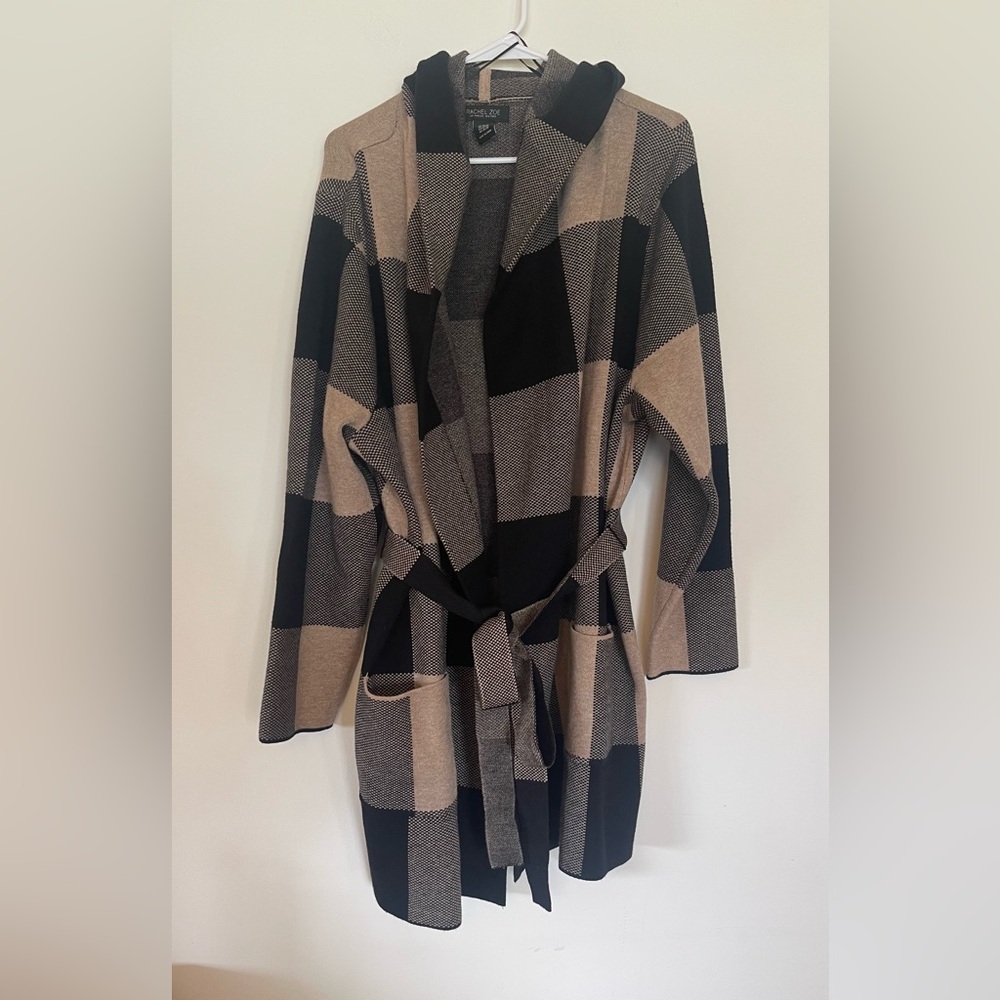 Rachel Zoe 3x xxl large gingham squared plaid hooded cardigan sweater waist tie